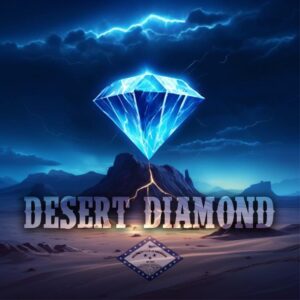 A square graphic with a glowing blue diamond suspended above a desert landscape at dusk. The word “DESERT DIAMOND” appears in bold block letters across the middle of the image, with a stylized diamond icon beneath the text. The background shows dramatic clouds and warm earth tones giving the design a rugged, Western feel.