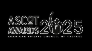 ASCOT Awards 2025 logo on a black background with outlined text “ASCOT AWARDS 2025” and a silhouette figure raising an arm; subtitle reads “American Spirits Council of Tasters.”