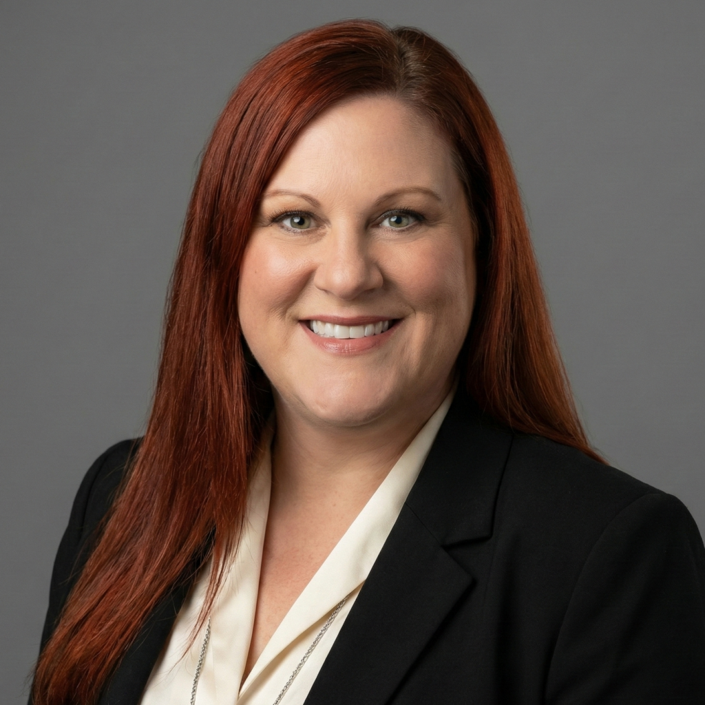 Professional business headshot of a Ashley Olsen smiling with long red hair wearing a black blazer and white blouse against a gray studio background.