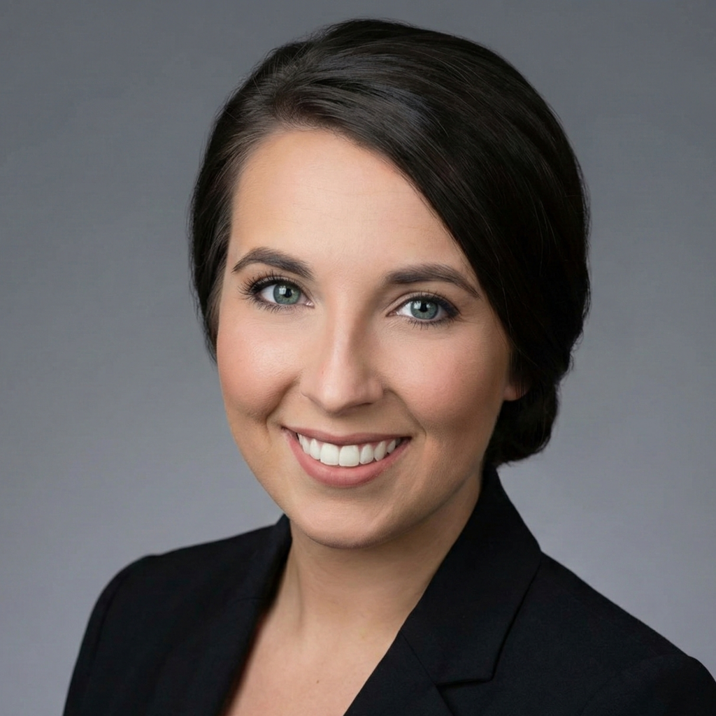 Professional business headshot of Billie Jean Morgan smiling, a woman with dark hair in a low bun, wearing a black blazer, against a gray studio background.