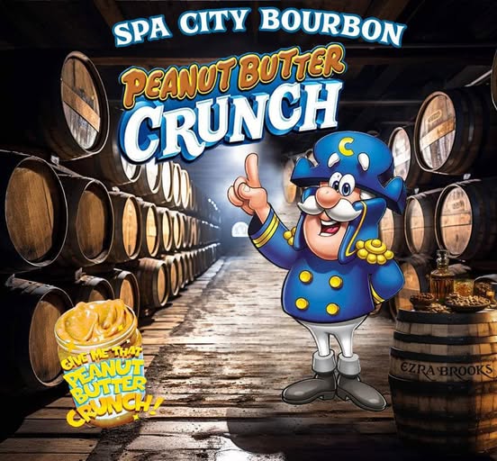 Illustration of “Spa City Bourbon Peanut Butter Crunch” with a cartoon sea captain pointing inside a bourbon barrel warehouse, plus a jar of peanut butter on a barrel.