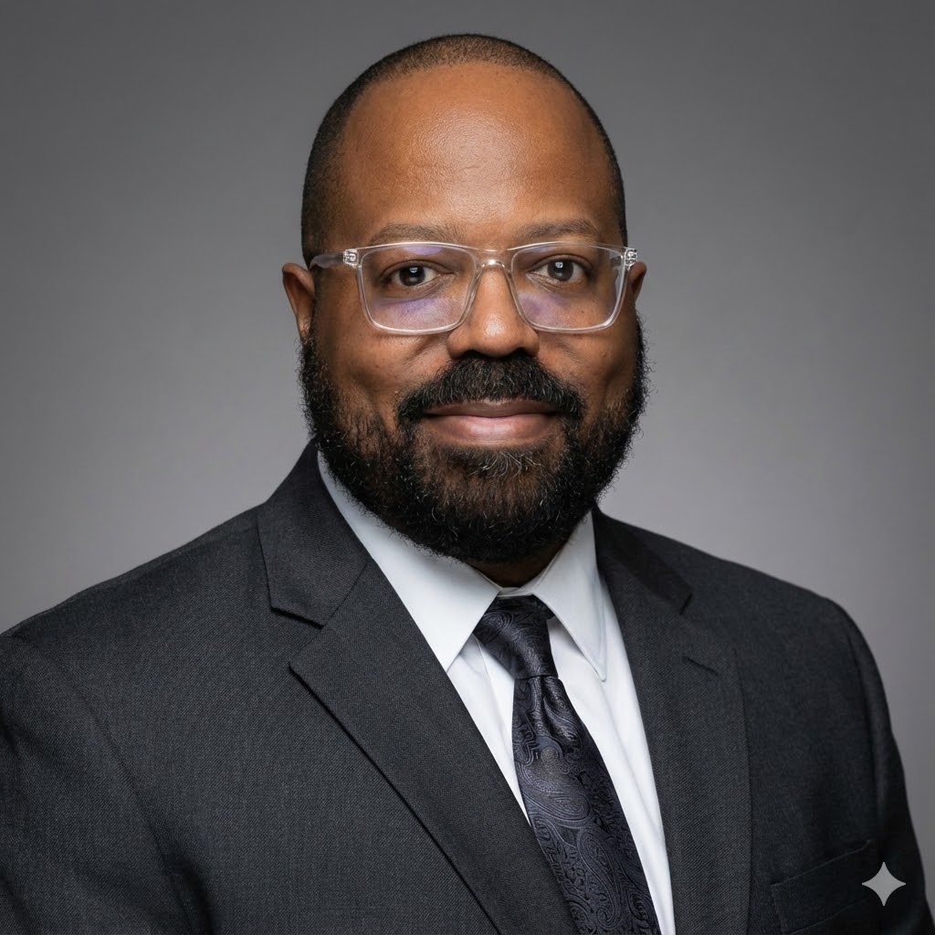 Professional headshot of Henry Turner in a dark suit and patterned tie, wearing clear glasses and a neatly trimmed beard, against a gray studio background.