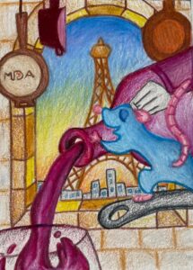 Illustration of a blue rat turning a valve on a large purple pipe, with a stylized Paris skyline and the Eiffel Tower in the background.