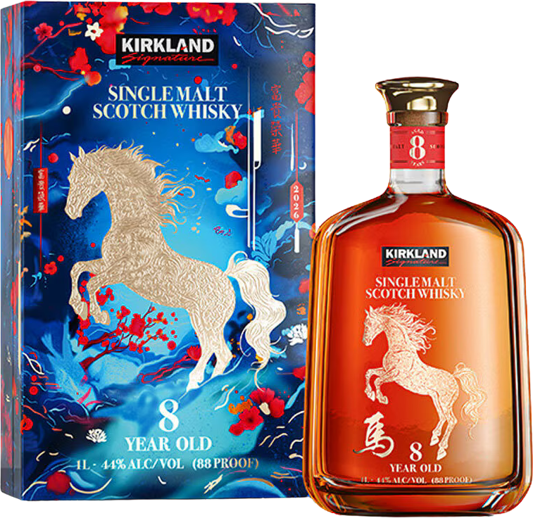 Bottle of Kirkland Year Of The Snake Limited Edition 8 Yo Scotch Wiskk 8-year-old blended Scotch whisky in decorative Lunar New Year packaging with red and gold accents, displayed upright against a white background, highlighting the limited-edition 2026 bottle design for Costco’s Year of the Horse celebration.