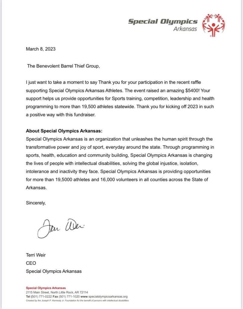A letter from Terri Weir, CEO of Special Olympics Arkansas, thanking the Benevolent Barrel Thief Group for their participation in a recent fundraising raffle that raised $5,400 for Special Olympics athletes.