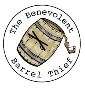 The Benevolent Barrel Thief Logo with a barrel, two swords, and bourbon/whiskey being poured into a glass.