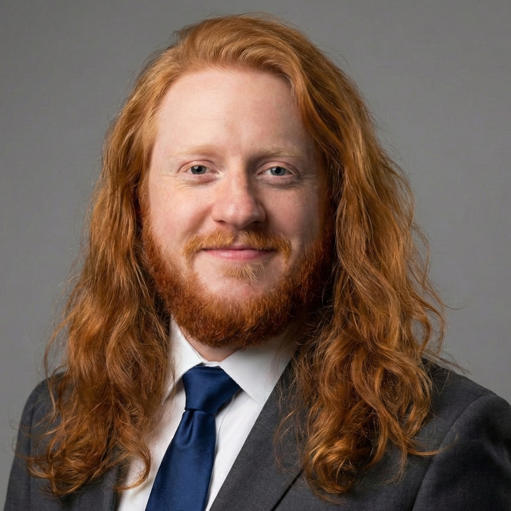 Professional business headshot of a Wes Morgan smiling with long red hair and a red beard, wearing a dark suit, white dress shirt, and blue tie against a neutral gray background.