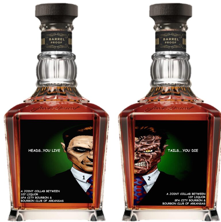 Front view of two Jack Daniel’s Barrel Proof bottles side by side, each showing a custom illustrated label: one says ‘Heads…you live’ with a suited face, the other says ‘Tails…you die’ with a scarred face; collaboration text includes 107 Liquor, Spa City Bourbon, and Bourbon Club of Arkansas.