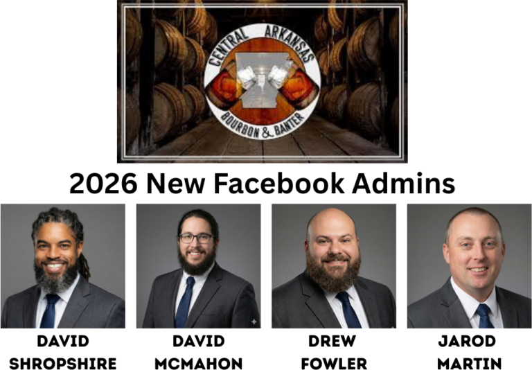 A banner with the Central Arkansas Bourbon & Banter logo at the top — a circular emblem showing two clinking bourbon glasses in front of a barrel in a warehouse setting with rows of barrels behind. Below the logo are four formal headshot photos of individuals in business attire, shown from the shoulders up against a plain background, representing the new Facebook group administrators.