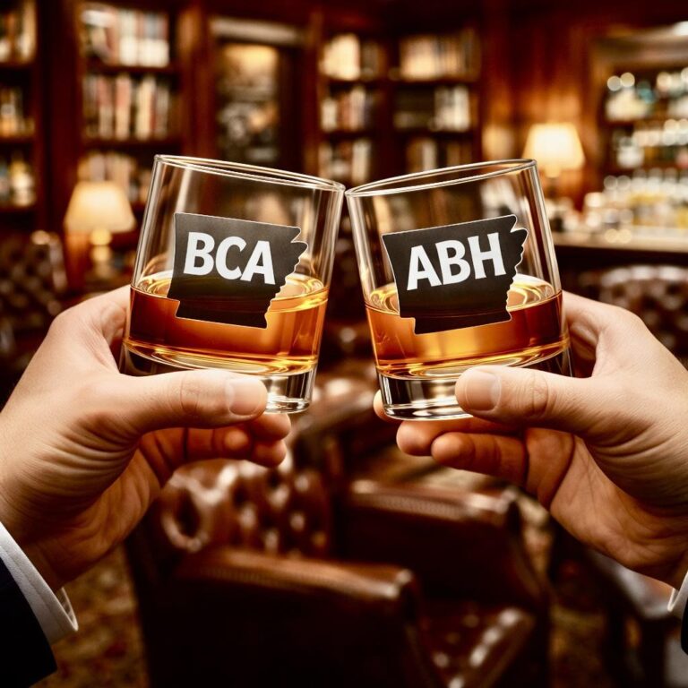 Close-up of two rocks glasses with amber bourbon, each featuring an Arkansas-shaped logo—one says “BCA” for Bourbon Club of Arkansas and the other says “ABH” for Arkansas Barrel Heads—raised in a toast against a warmly lit bourbon bar background.