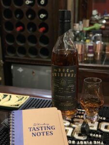 Gary Penna of the Bourbon Club of Arkansas displaying a Doc Swinson’s Straight Rye Whiskey Warehouse Liquor private single barrel, 115.4 proof rye whiskey release from November 2022.