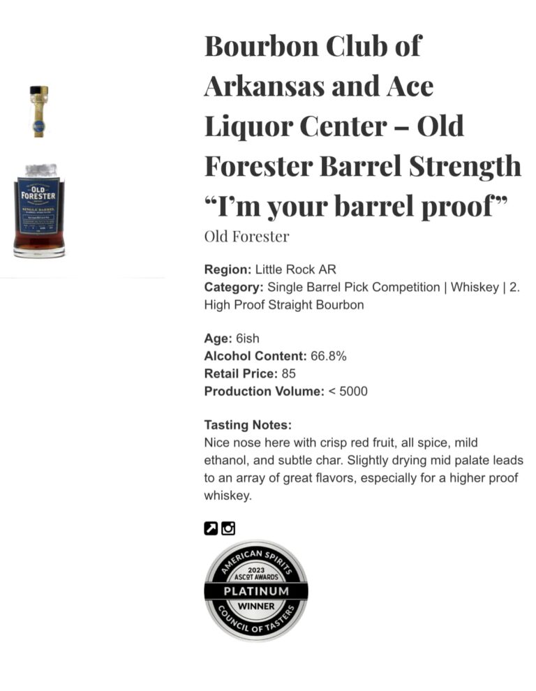 A clear whiskey bottle of Old Forester Barrel Strength single barrel bourbon standing upright next to a small sealed sample vial. The bottle’s label shows it’s a high-proof straight bourbon selected by the Bourbon Club of Arkansas and Ace Liquor Center, called “I’m Your Barrel Proof.” The amber whiskey inside is a rich copper color, and the label beneath the bottle shows tasting notes and a platinum award medallion graphic. The background of the photo is plain white.