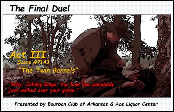 A vibrant, cinematic digital illustration set in a classic Western town during a golden sunset. In the foreground, two men.

The Left Figure: A cowboy wearing a dark duster coat and a cowboy hat, viewed from behind in a "low-angle holster shot" style.

The Right Figure: A cowboy laying down shot dead.

The background features forest under a dramatic sky filled with orange, yellow, and purple clouds. The text "The Final Duel Act III" is featured prominently at the top, with "The Twin Barrels" at the bottom. The overall aesthetic is reminiscent of a Spaghetti Western movie poster, using high contrast and warm, saturated colors.