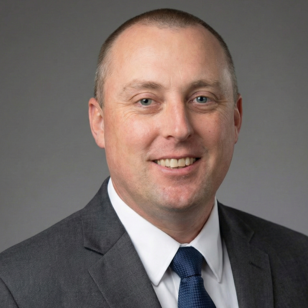 Professional headshot of Jarod Martin smiling in a formal business suit and tie against a neutral grey background.