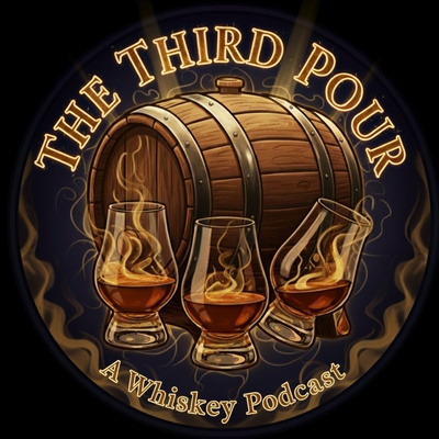 The Third Pour logo featuring a wooden whiskey barrel and three Glencairn glasses with amber whiskey and smoke swirls, with text ‘The Third Pour’ and ‘A Whiskey Podcast’.