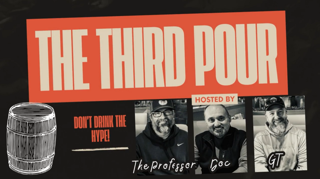 Promotional banner for **“The Third Pour”** podcast featuring the slogan **“Don’t drink the hype!”** and black-and-white photos of the hosts **The Professor**, **Doc**, and **GT**, with a barrel illustration on a dark background.