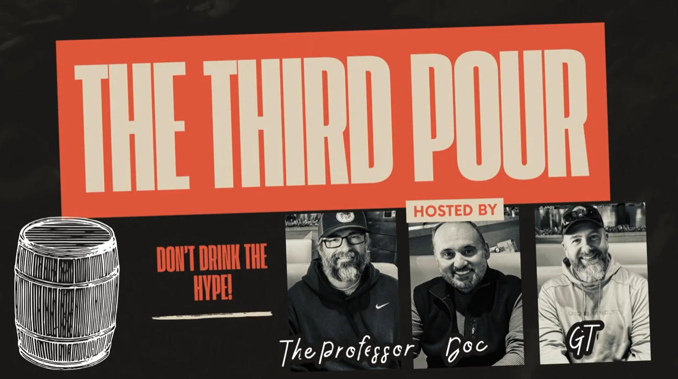 Promotional banner for **“The Third Pour”** podcast featuring the slogan **“Don’t drink the hype!”** and black-and-white photos of the hosts **The Professor**, **Doc**, and **GT**, with a barrel illustration on a dark background.