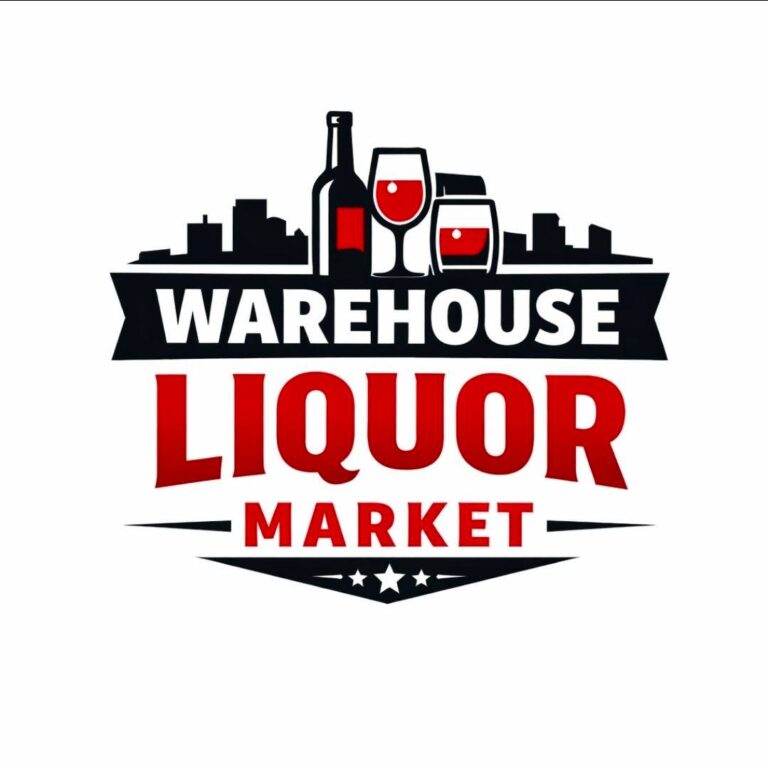 Warehouse Liquor Market logo with a wine bottle and two red wine glasses above the words ‘Warehouse Liquor Market,’ representing a liquor store for wine, beer, and spirits.