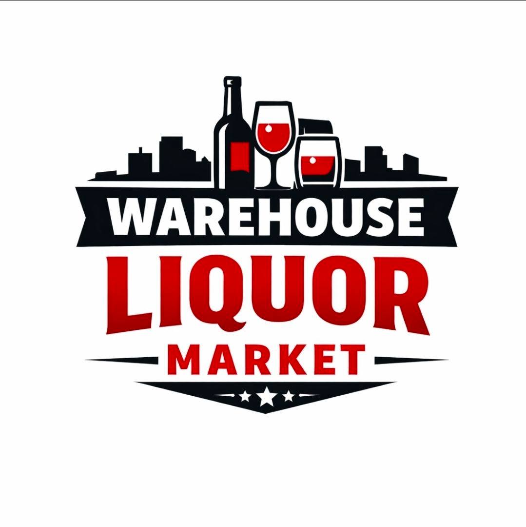 Warehouse Liquor Market logo with a wine bottle and two red wine glasses above the words ‘Warehouse Liquor Market,’ representing a liquor store for wine, beer, and spirits.
