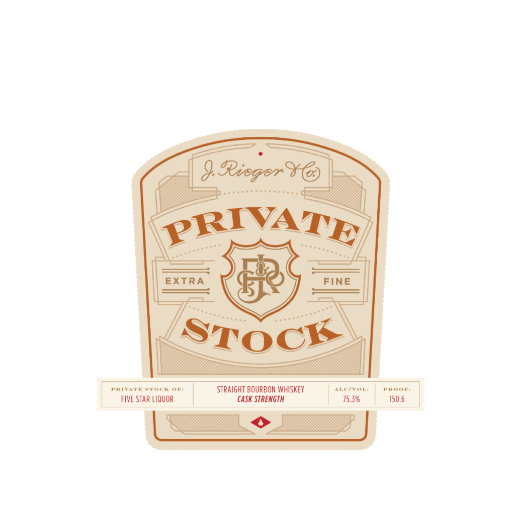 Vintage “Private Stock” straight bourbon whiskey label design with crest, cask strength 75.3% alc/vol (150.6 proof), extra fine branding.